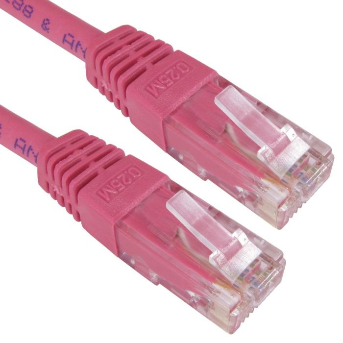 0.12m pink Cat 6 U/UTP copper patch lead with moulded RJ45 connectors