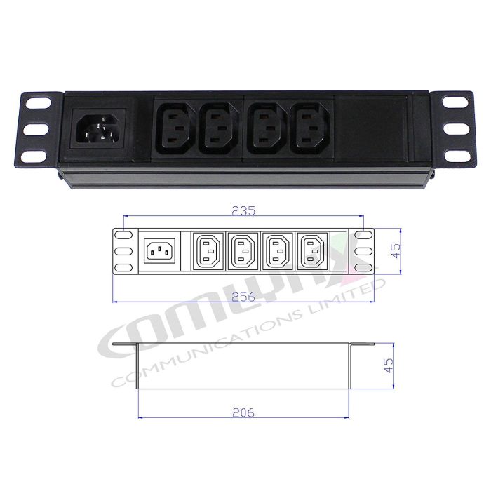 10" 1U 4-Way IEC C13 Horizontal PDU – Detachable Input, Unswitched