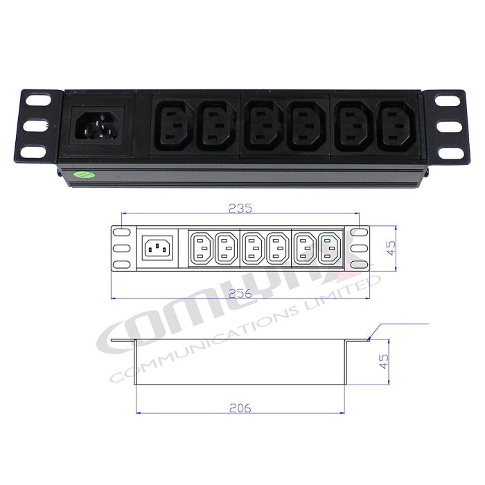 10" 1U 6-Way IEC C13 Horizontal PDU – Detachable Input, Unswitched