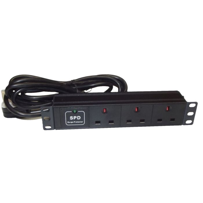 10" 1U 3-Way UK Horizontal PDU – Bracket Entry, Surge Protected