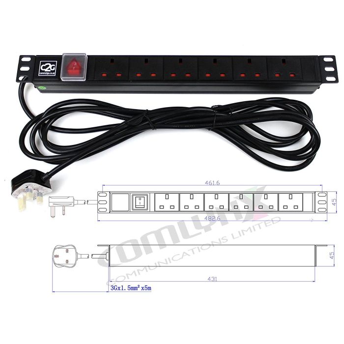 19" 1U 6-Way UK Horizontal PDU – 5m Lead