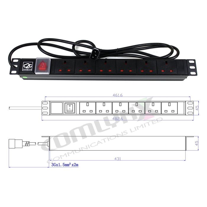 19" 1U 6-Way UK Horizontal PDU – 5m Captive Lead with IEC C14 Plug