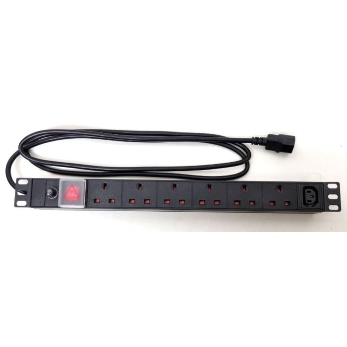 19" 1U 6-Way UK + 1-Way IEC C13 Horizontal PDU – 2m Captive Lead with IEC C14 Plug, 10 A Fused
