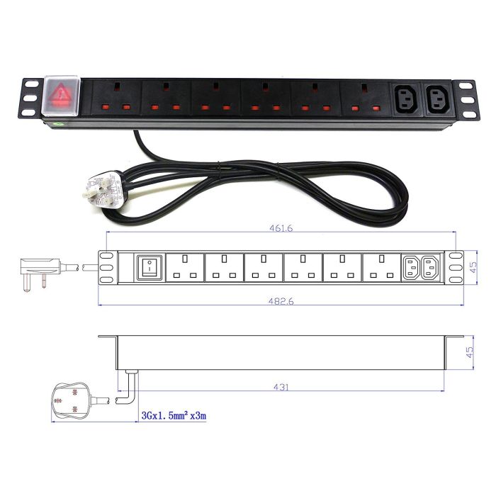 19" 1U 6-Way UK + 2-Way IEC C13 Horizontal PDU