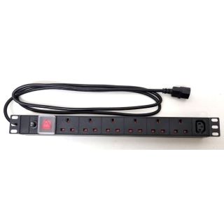 19" 1U 6-Way UK + 1-Way IEC C13 Horizontal PDU – 2m Captive Lead with IEC C14 Plug, 10 A Fused