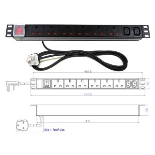 19" 1U 6-Way UK + 2-Way IEC C13 Horizontal PDU