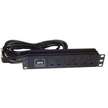 10" 1U 3-Way UK Horizontal PDU – Bracket Entry, Surge Protected