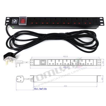 19" 1U 6-Way UK Horizontal PDU – 5m Lead
