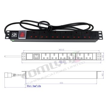 19" 1U 6-Way UK Horizontal PDU – 5m Captive Lead with IEC C14 Plug