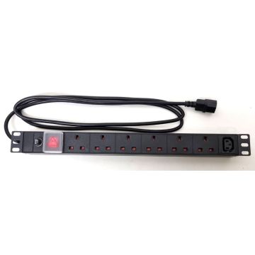 19" 1U 6-Way UK + 1-Way IEC C13 Horizontal PDU – 2m Captive Lead with IEC C14 Plug, 10 A Fused