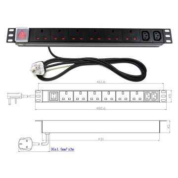 19" 1U 6-Way UK + 2-Way IEC C13 Horizontal PDU