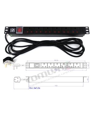 19" 1U 6-Way UK Horizontal PDU – 5m Lead