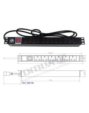 19" 1U 6-Way UK Horizontal PDU – 2m Captive Lead with IEC C14 Plug