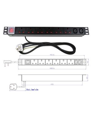 19" 1U 6-Way UK + 2-Way IEC C13 Horizontal PDU
