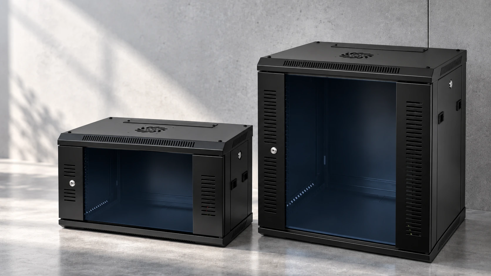 Two black 19-inch network data cabinets